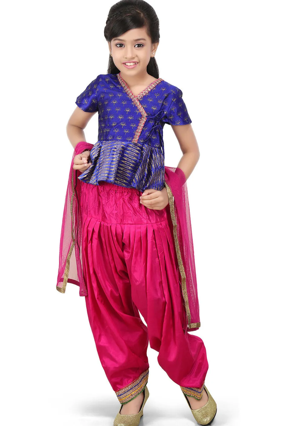 Block Printed Dupion Silk Angrakha Style Suit in Blue