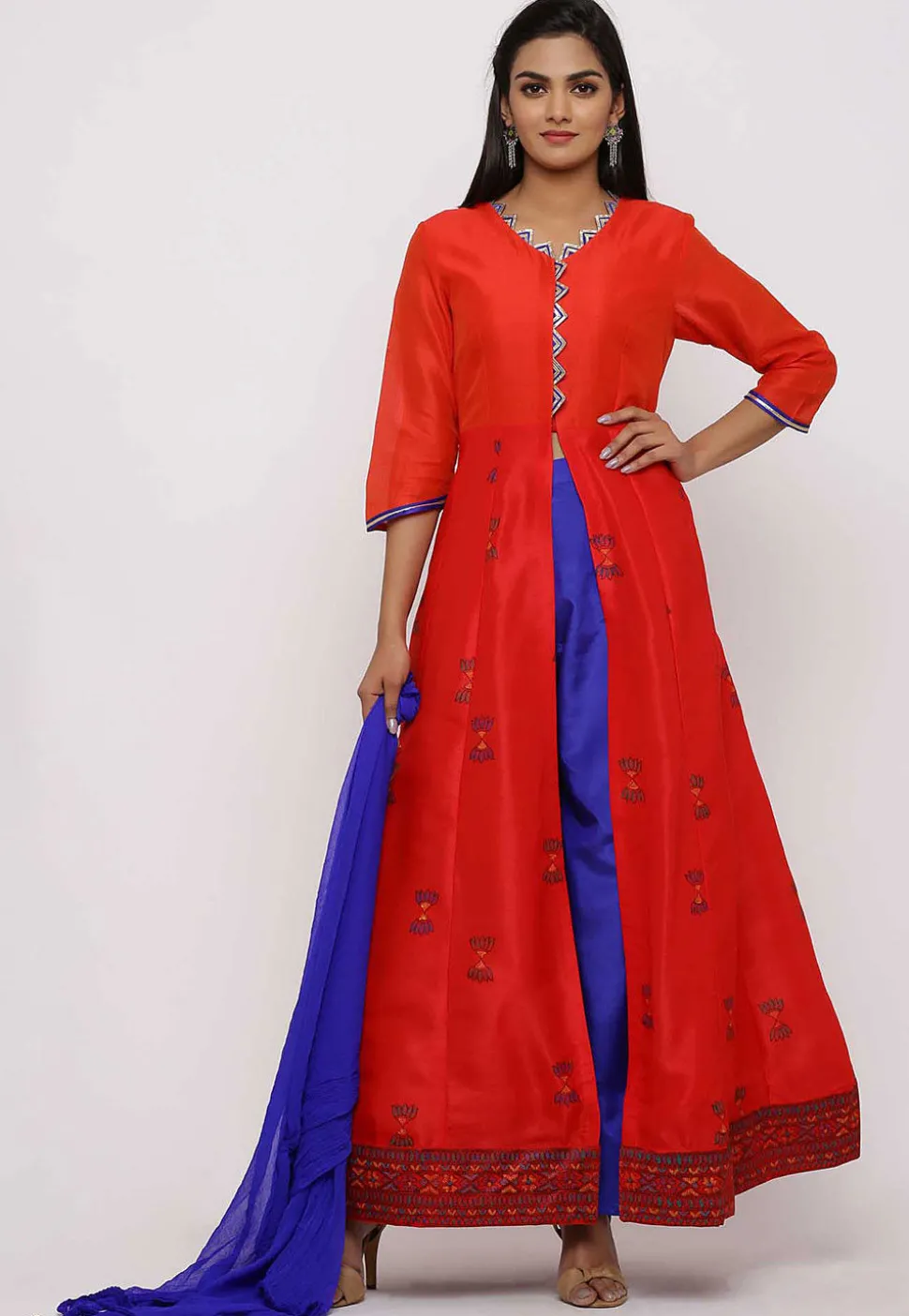 Block Printed Dupion Silk Abaya Style Suit in Red