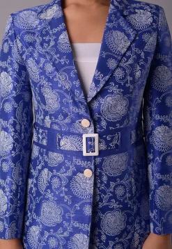 Block Printed Dupion Silk Jacket in Royal Blue