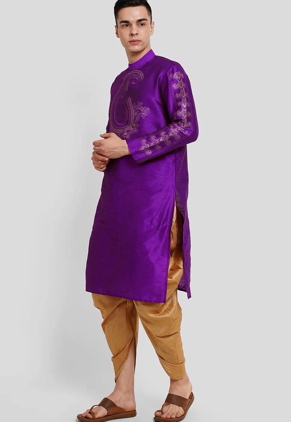 Block Printed Dupion Silk Kurta Set in Purple