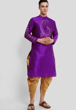 Block Printed Dupion Silk Kurta Set in Purple