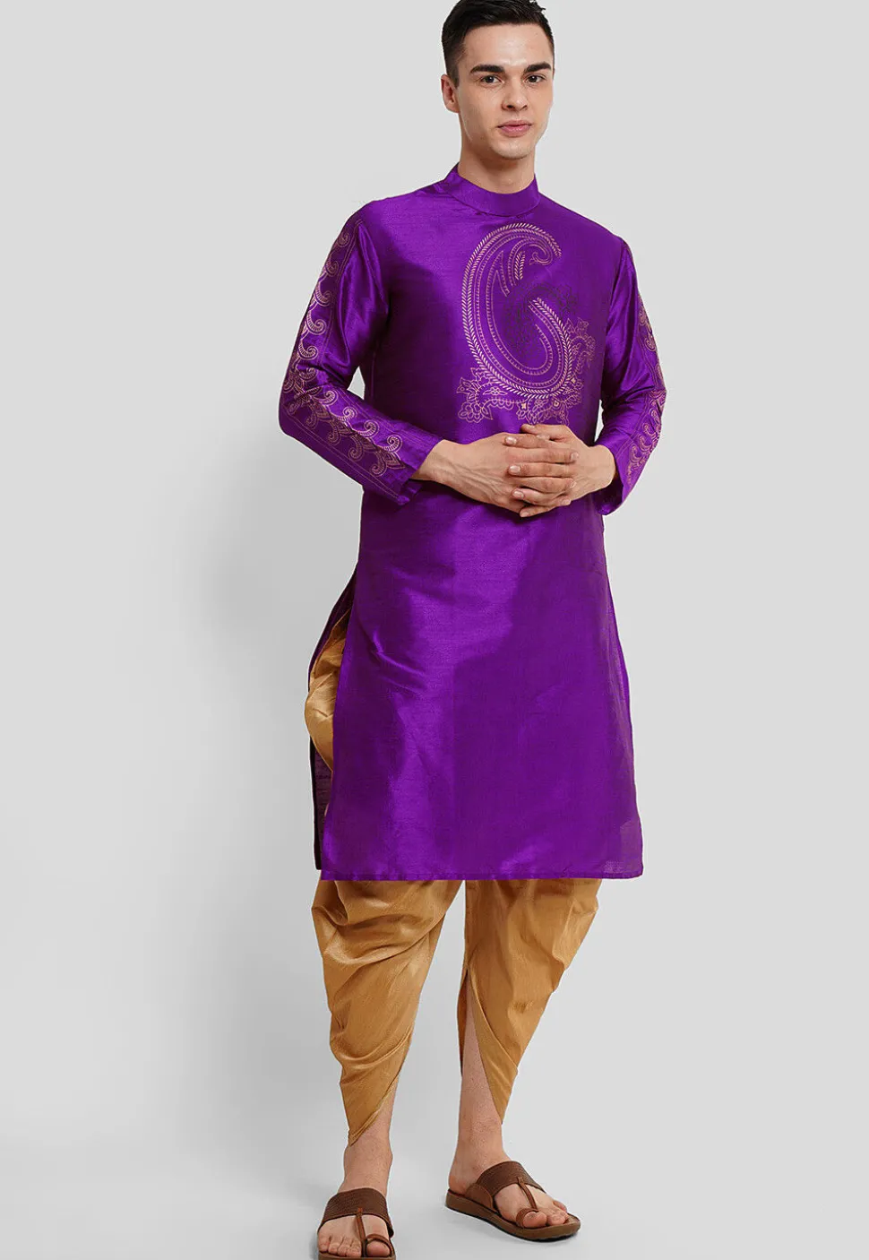 Block Printed Dupion Silk Kurta Set in Purple