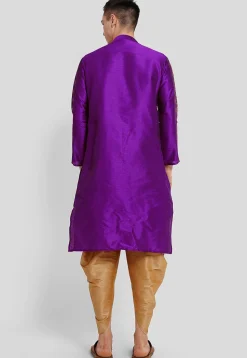 Block Printed Dupion Silk Kurta Set in Purple