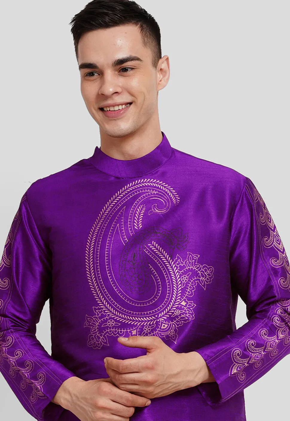 Block Printed Dupion Silk Kurta Set in Purple