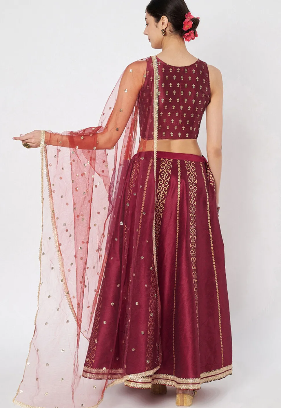 Block Printed Dupion Silk Lehenga in Maroon