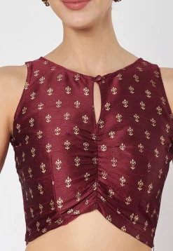Block Printed Dupion Silk Lehenga in Maroon