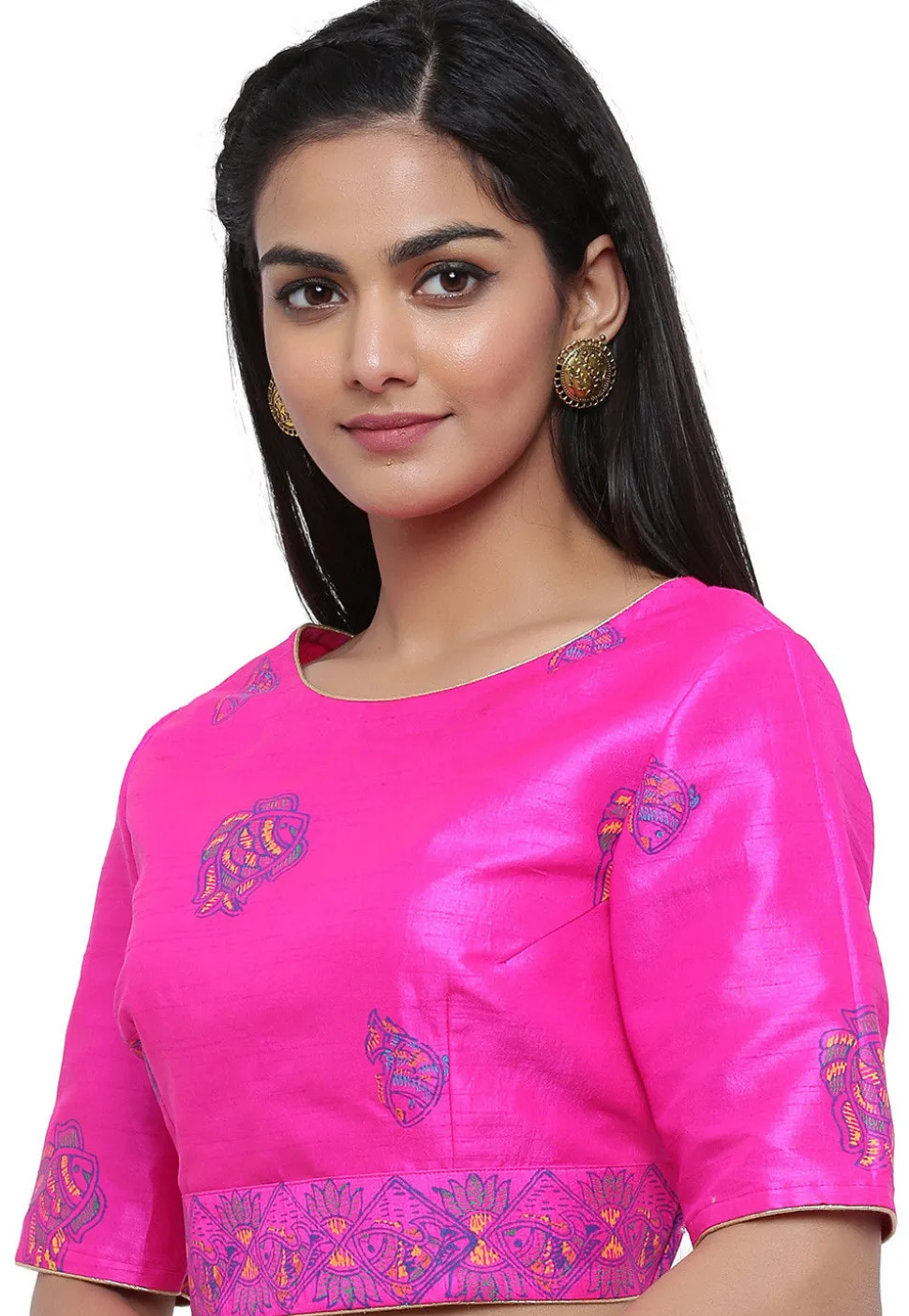 Block Printed Dupion Silk Blouse in Fuchsia