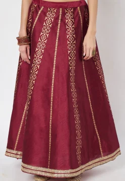 Block Printed Dupion Silk Skirt in Maroon