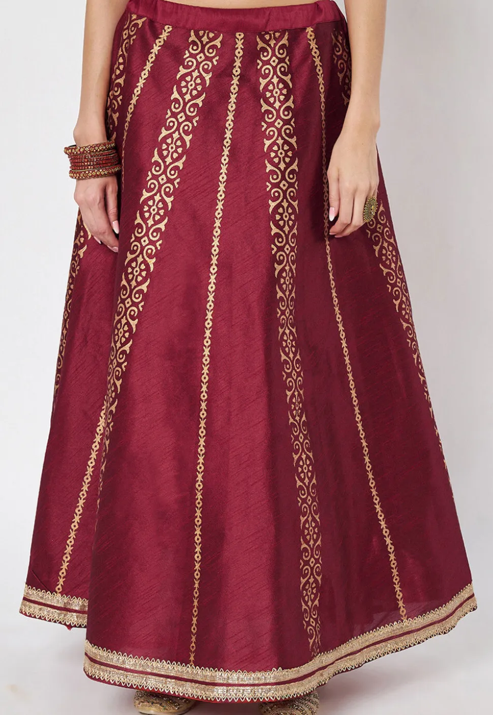 Block Printed Dupion Silk Skirt in Maroon