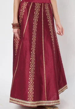 Block Printed Dupion Silk Skirt in Maroon