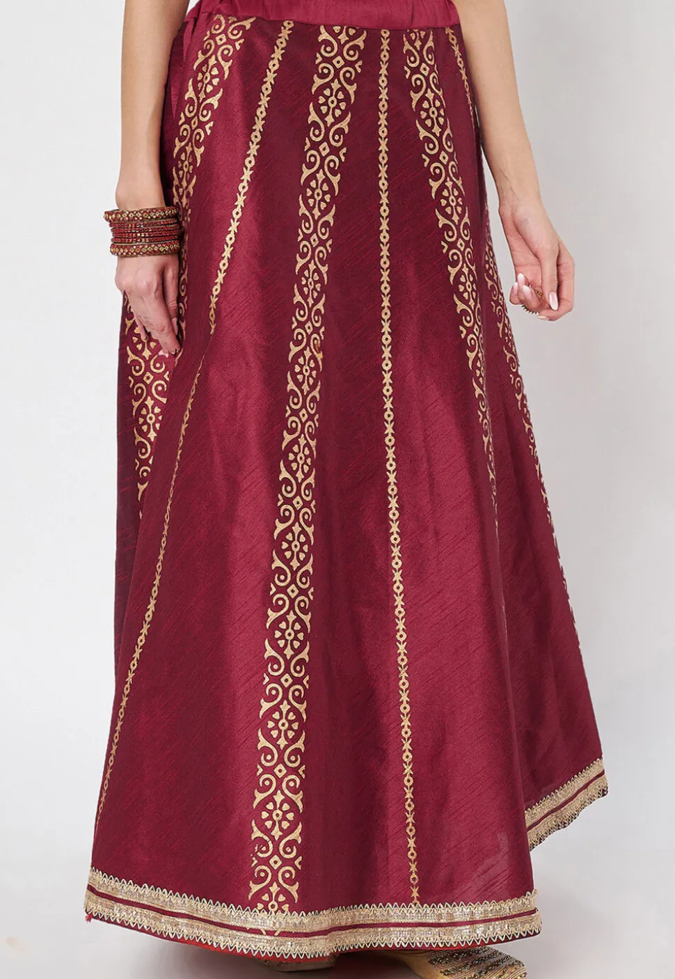 Block Printed Dupion Silk Skirt in Maroon