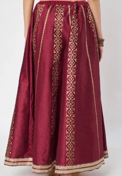 Block Printed Dupion Silk Skirt in Maroon