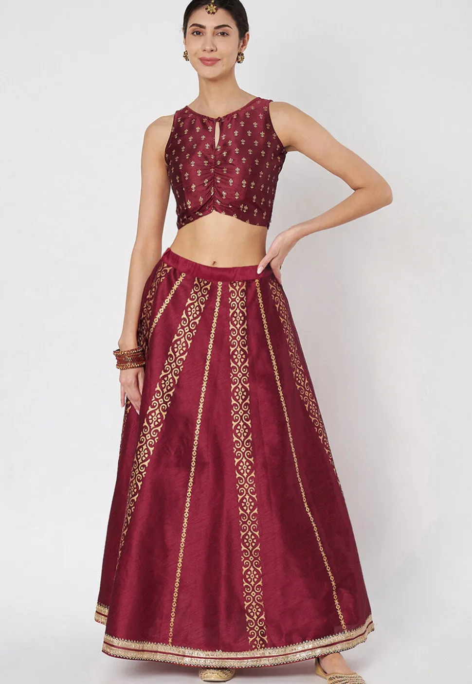 Block Printed Dupion Silk Skirt in Maroon