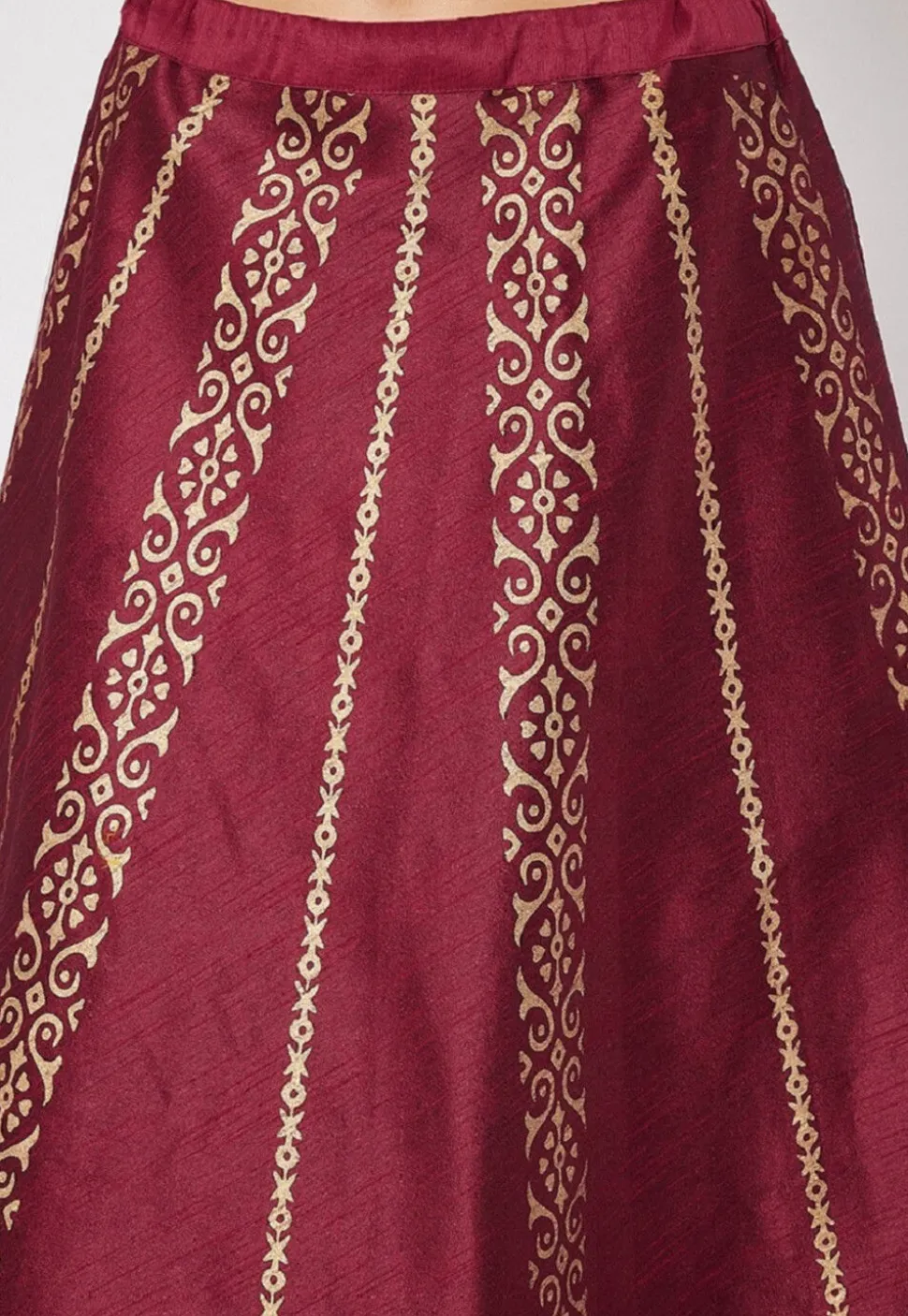 Block Printed Dupion Silk Skirt in Maroon