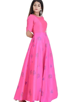 Block Printed Dupion Silk Abaya Style Suit in Pink