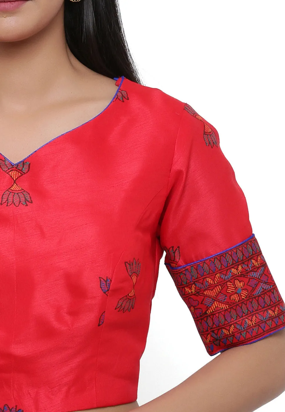 Block Printed Dupion Silk Blouse in Red
