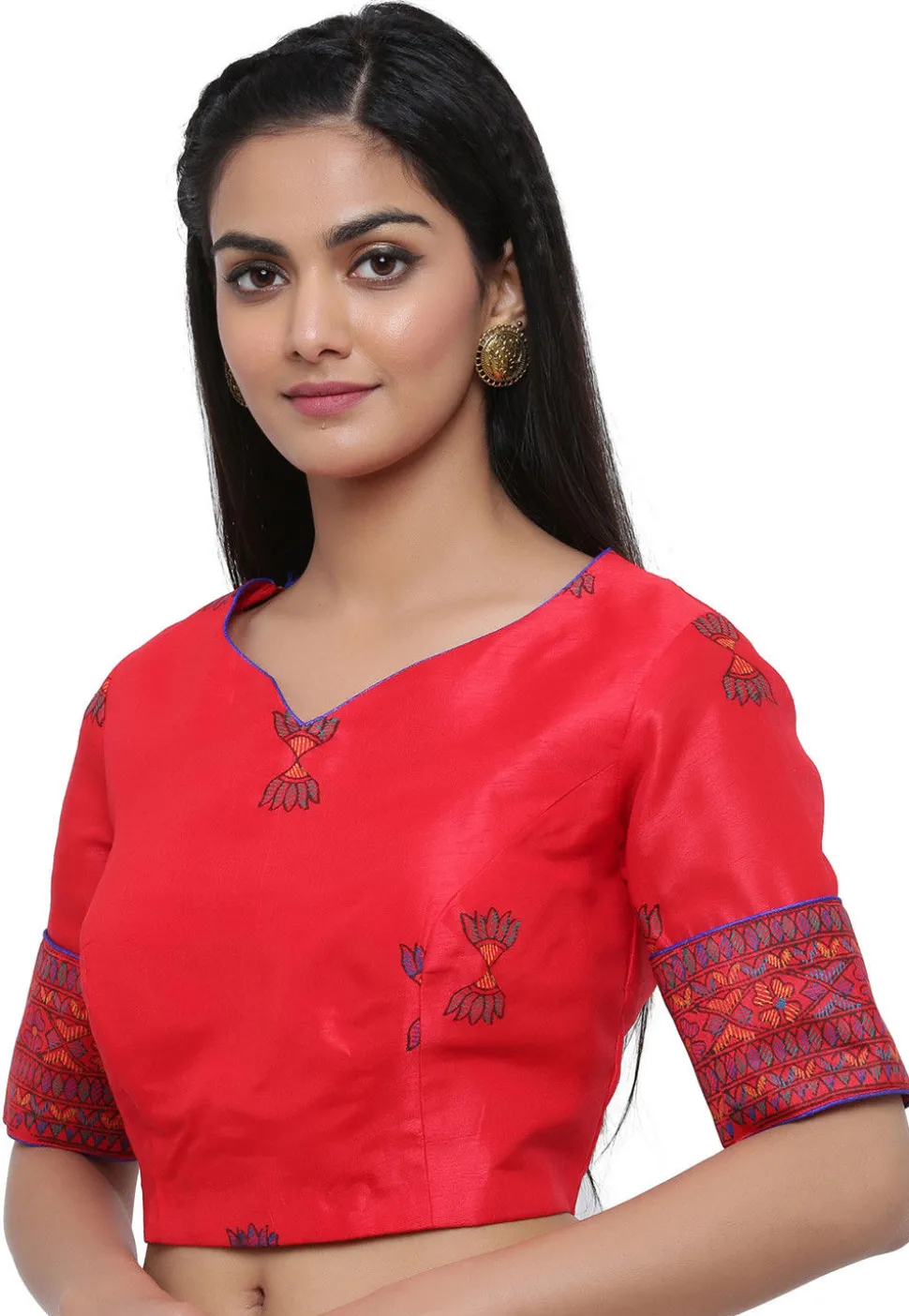 Block Printed Dupion Silk Blouse in Red