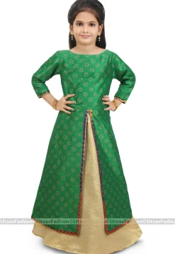Block Printed Dupion Silk Jacket Style Lehenga in Green