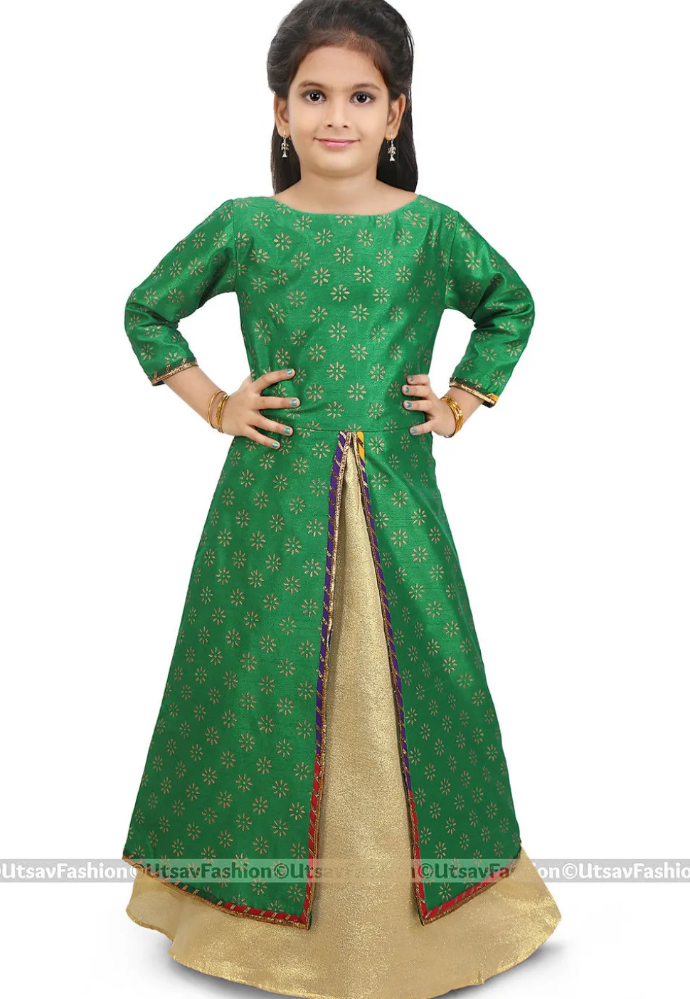 Block Printed Dupion Silk Jacket Style Lehenga in Green