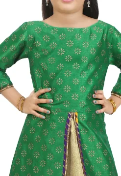 Block Printed Dupion Silk Jacket Style Lehenga in Green