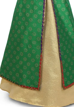 Block Printed Dupion Silk Jacket Style Lehenga in Green