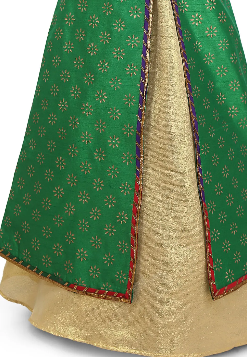 Block Printed Dupion Silk Jacket Style Lehenga in Green