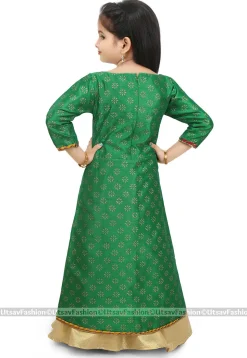 Block Printed Dupion Silk Jacket Style Lehenga in Green