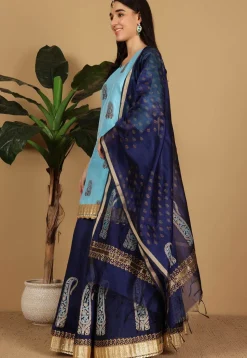Block Printed Dupion Silk Lehenga in Navy Blue