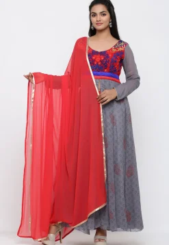 Block Printed Georgette Anarkali Suit in Grey