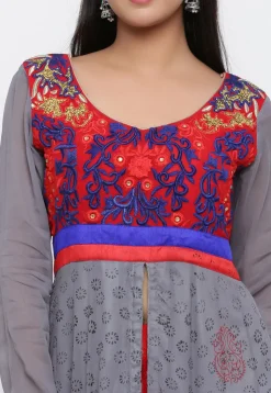 Block Printed Georgette Anarkali Suit in Grey