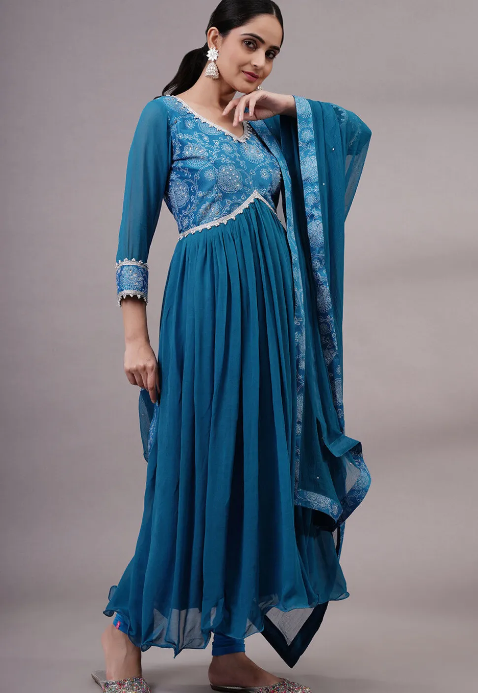 Block Printed Georgette Aline Suit in Teal Blue