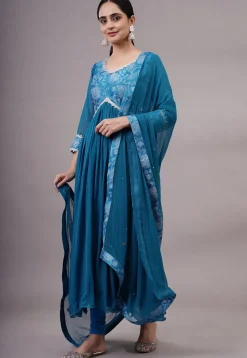 Block Printed Georgette Aline Suit in Teal Blue