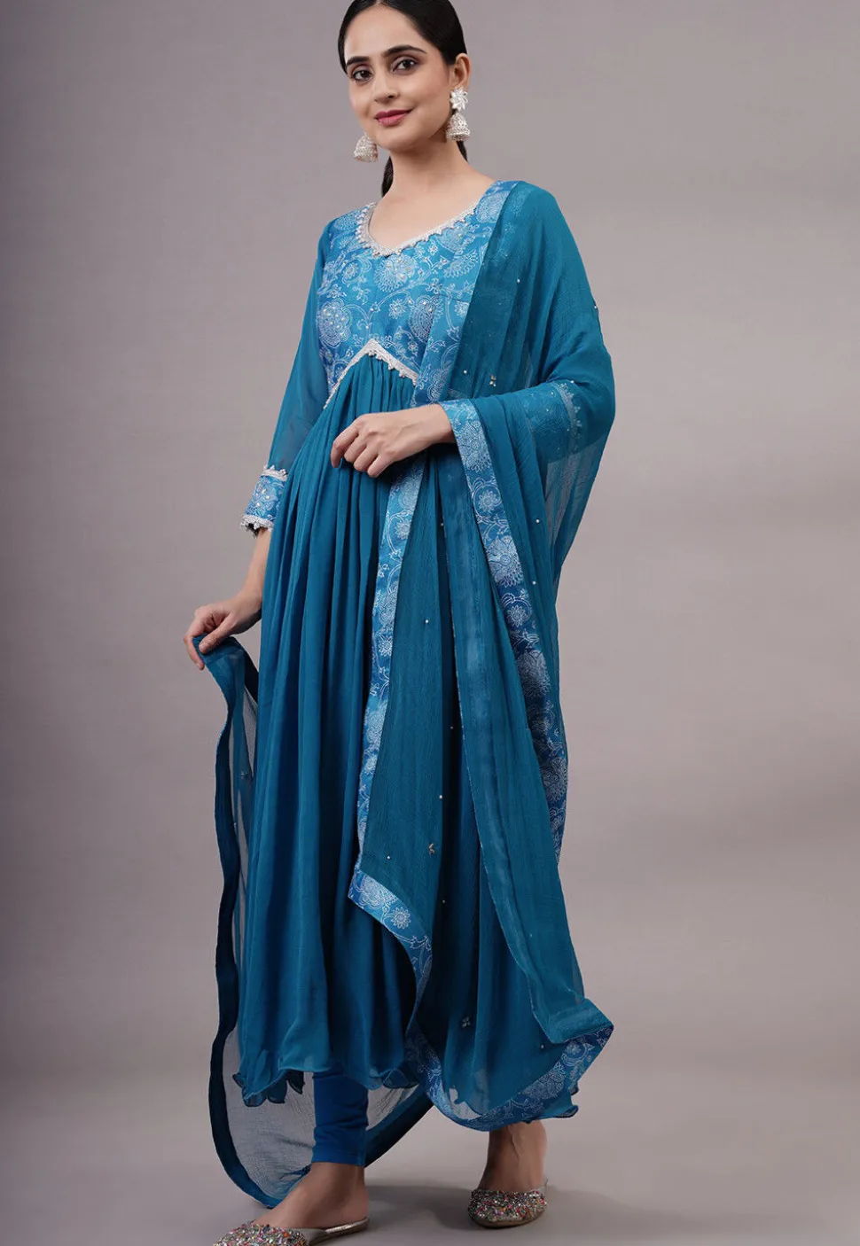 Block Printed Georgette Aline Suit in Teal Blue