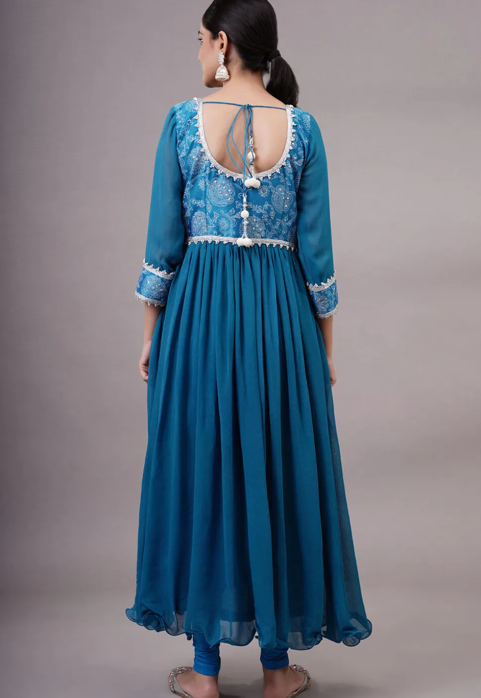 Block Printed Georgette Aline Suit in Teal Blue