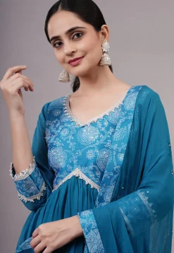 Block Printed Georgette Aline Suit in Teal Blue
