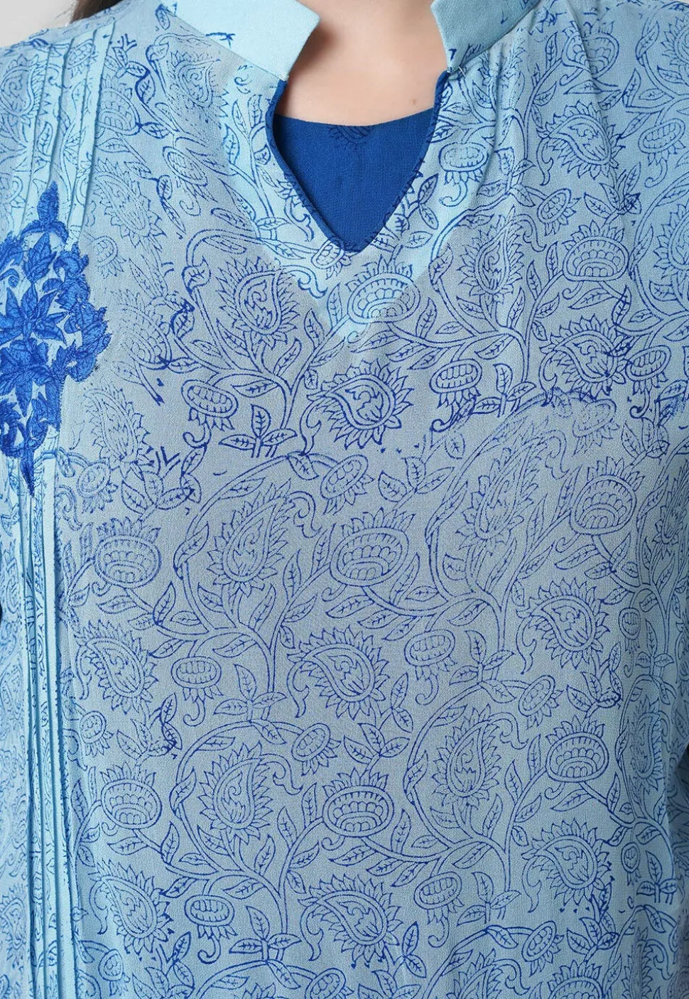 Block Printed Georgette Layered Abaya Style Suit in Blue