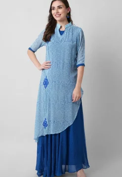 Block Printed Georgette Layered Abaya Style Suit in Blue