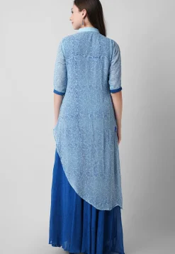 Block Printed Georgette Layered Abaya Style Suit in Blue