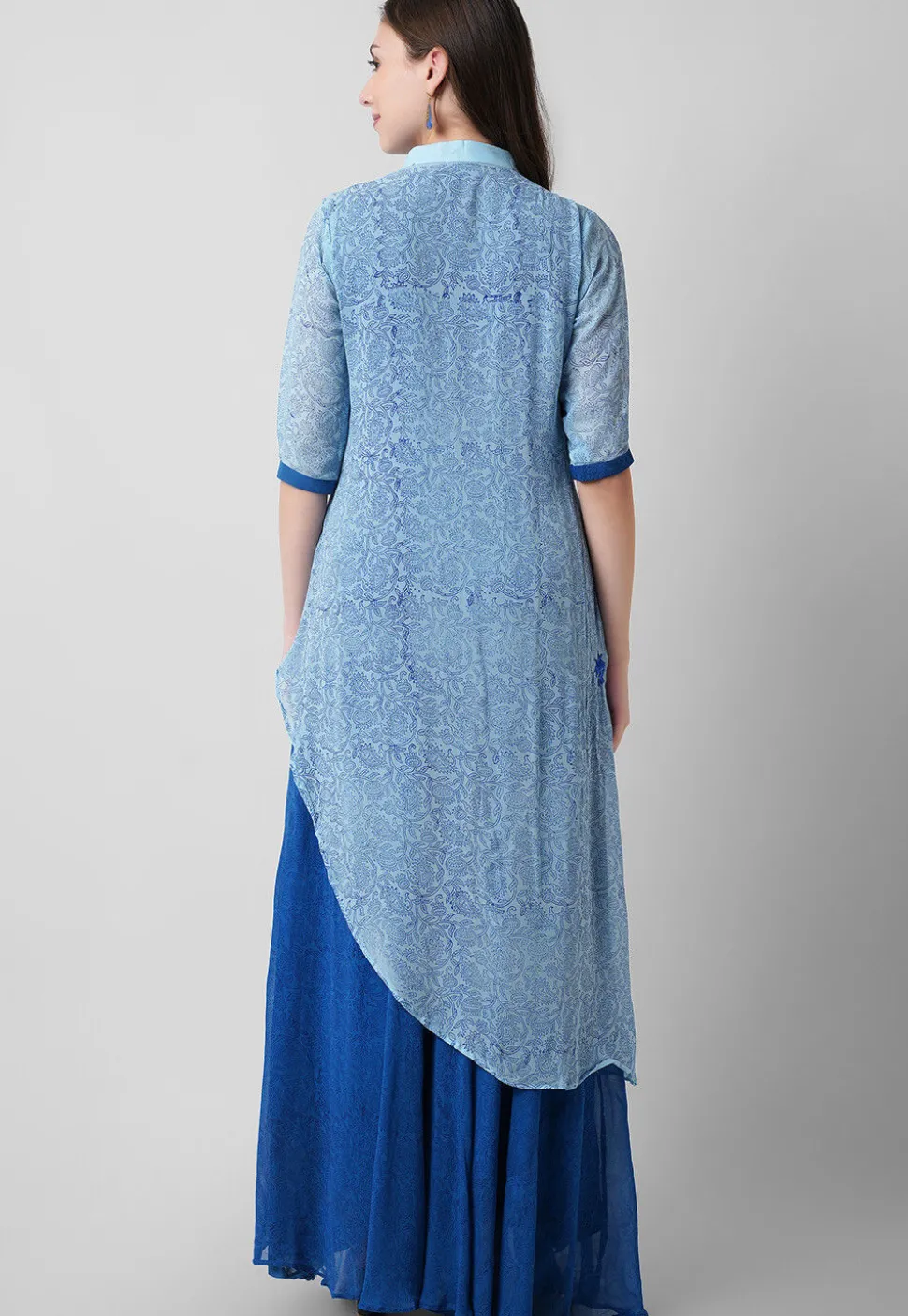 Block Printed Georgette Layered Abaya Style Suit in Blue