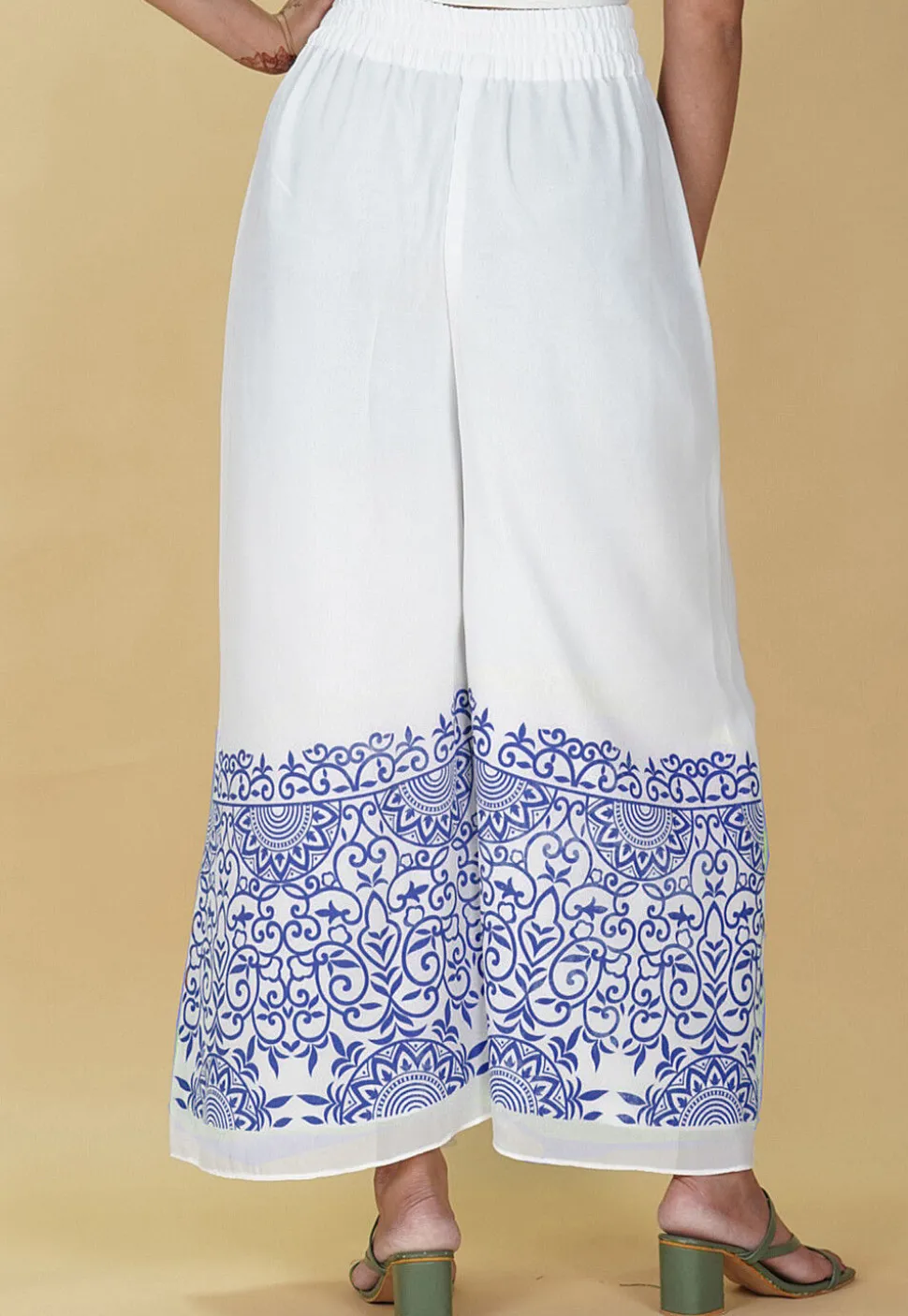 Block Printed Georgette Palazzo in White