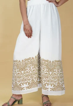 Block Printed Georgette Palazzo in White