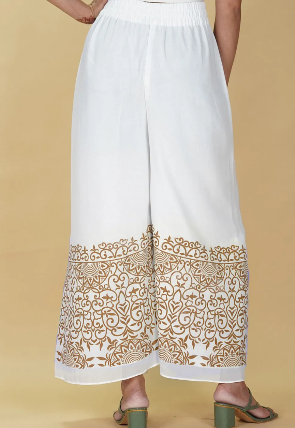 Block Printed Georgette Palazzo in White