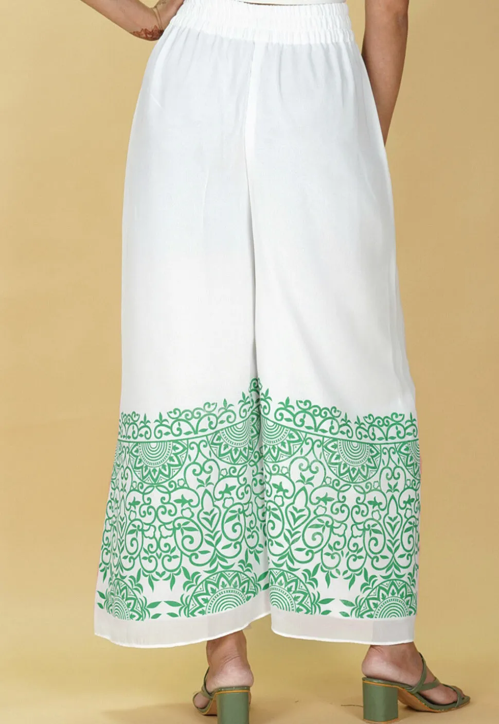 Block Printed Georgette Palazzo in White