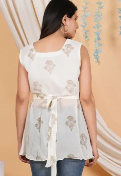 Block Printed Georgette Tunic in Off White