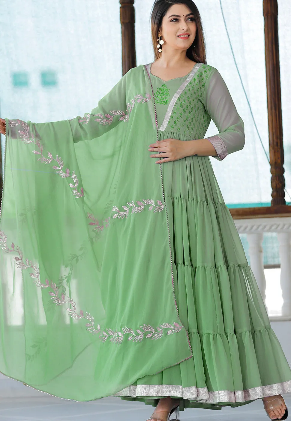 Block Printed Georgette Tiered Abaya Style Kameez in Dusty Blue