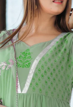 Block Printed Georgette Tiered Abaya Style Kameez in Dusty Blue