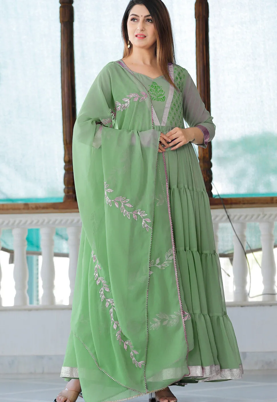 Block Printed Georgette Tiered Abaya Style Kameez in Dusty Blue