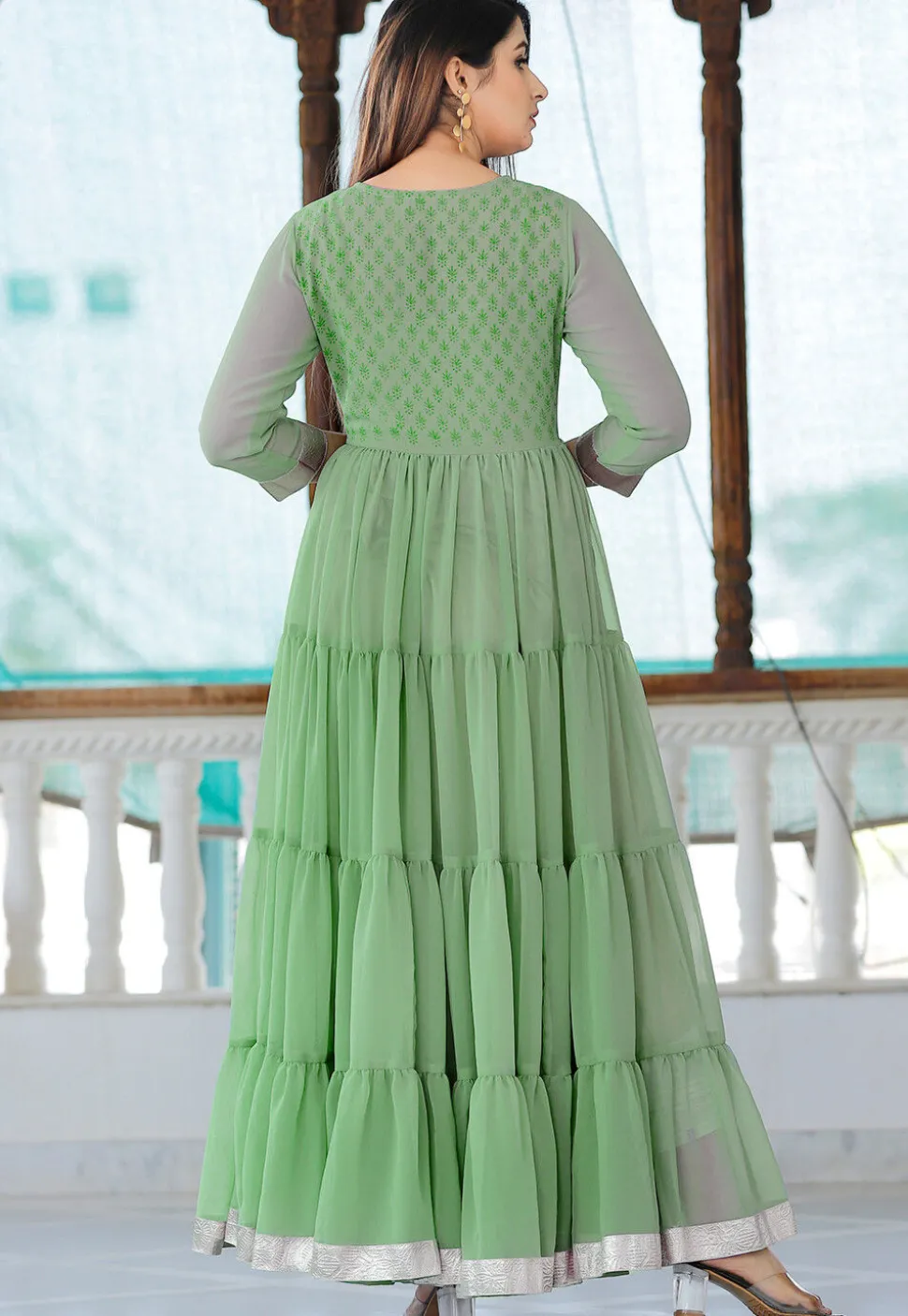 Block Printed Georgette Tiered Abaya Style Kameez in Dusty Blue