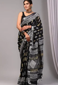 Block Printed Linen Silk Saree in Black
