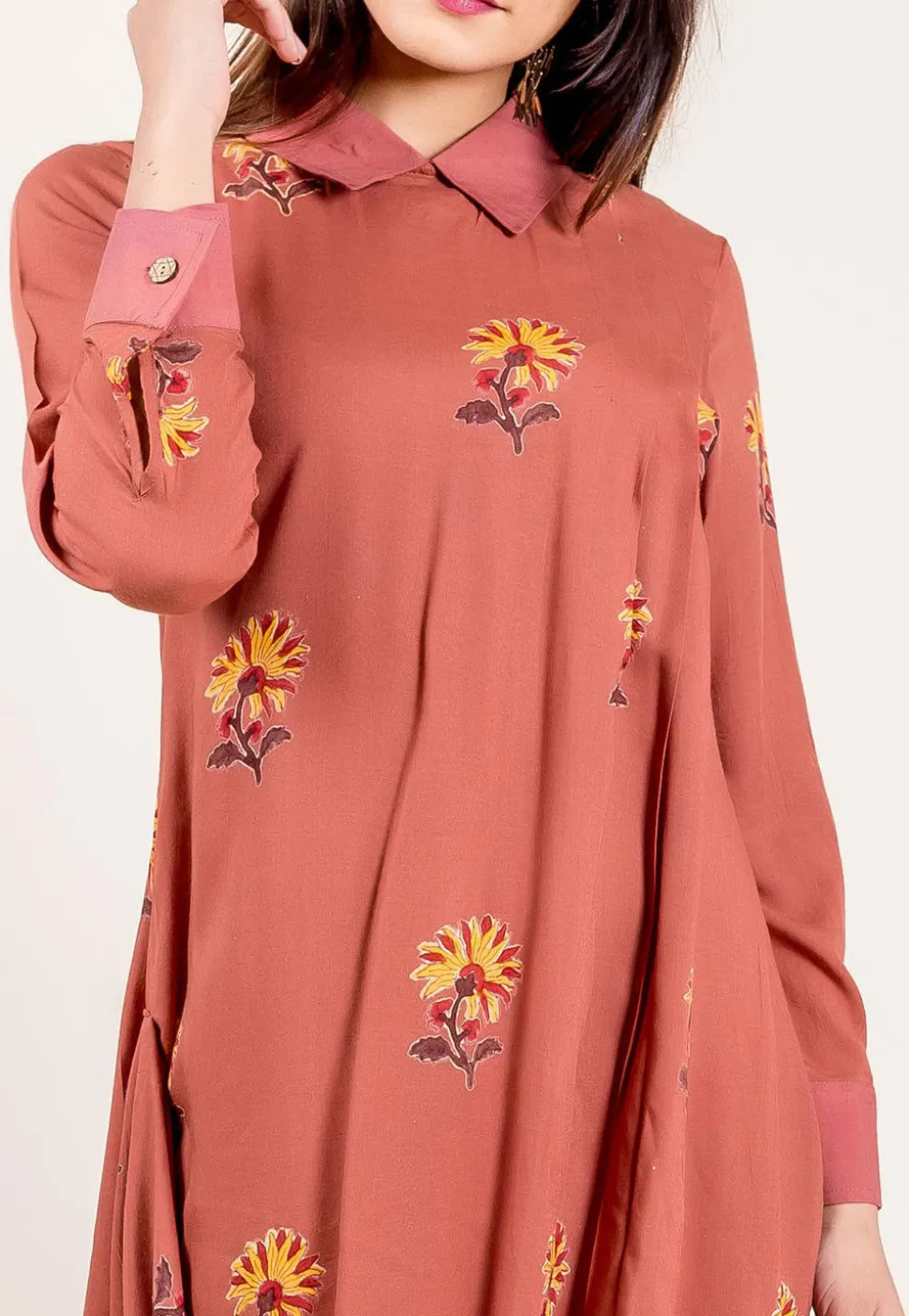 Block Printed Modal Satin Cowl Style Kurta in Rust